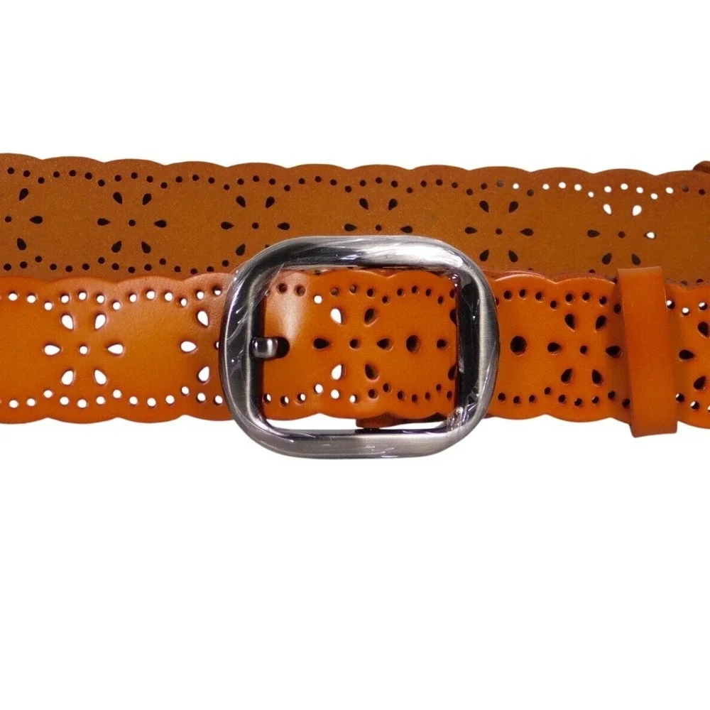 Woman's Brown Genuine Leather Hollowed Out‎ Belt, Vintage Wave Decoration